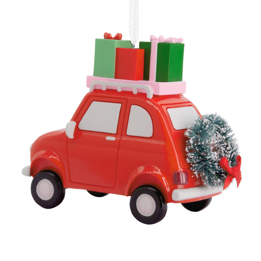 Collectable Christmas Hanging Ornament - Red Car with Gifts & Wreath
