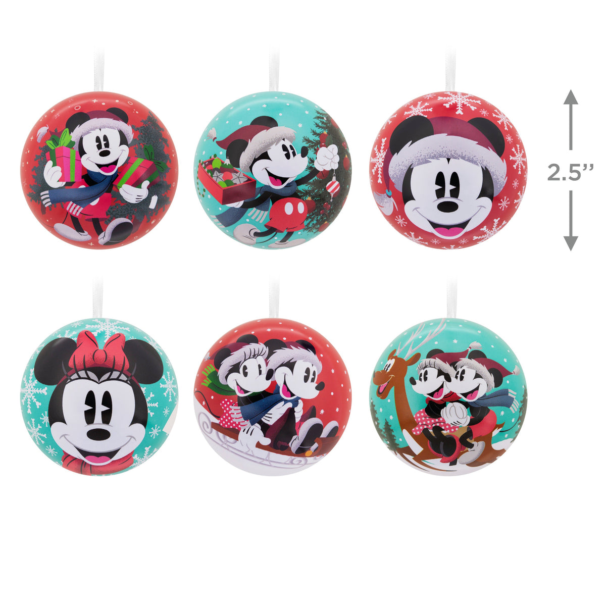 Disney Mickey & Minnie Mouse Tin Bauble Christmas Ornaments, Pack of 12