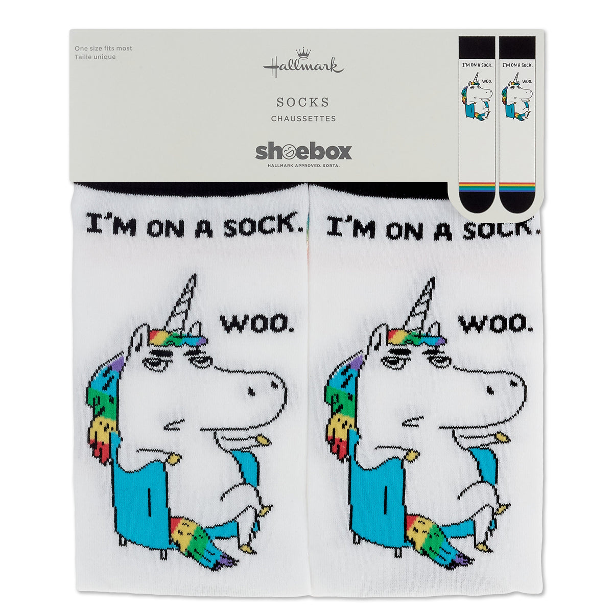 Shoebox Funny Pair of Socks - Rainbow Unicorn 'I'm on a sock. Woo'