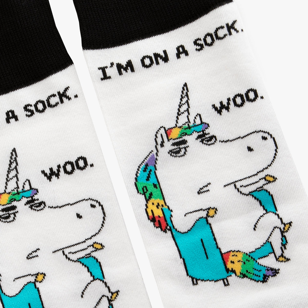 Shoebox Funny Pair of Socks - Rainbow Unicorn 'I'm on a sock. Woo'