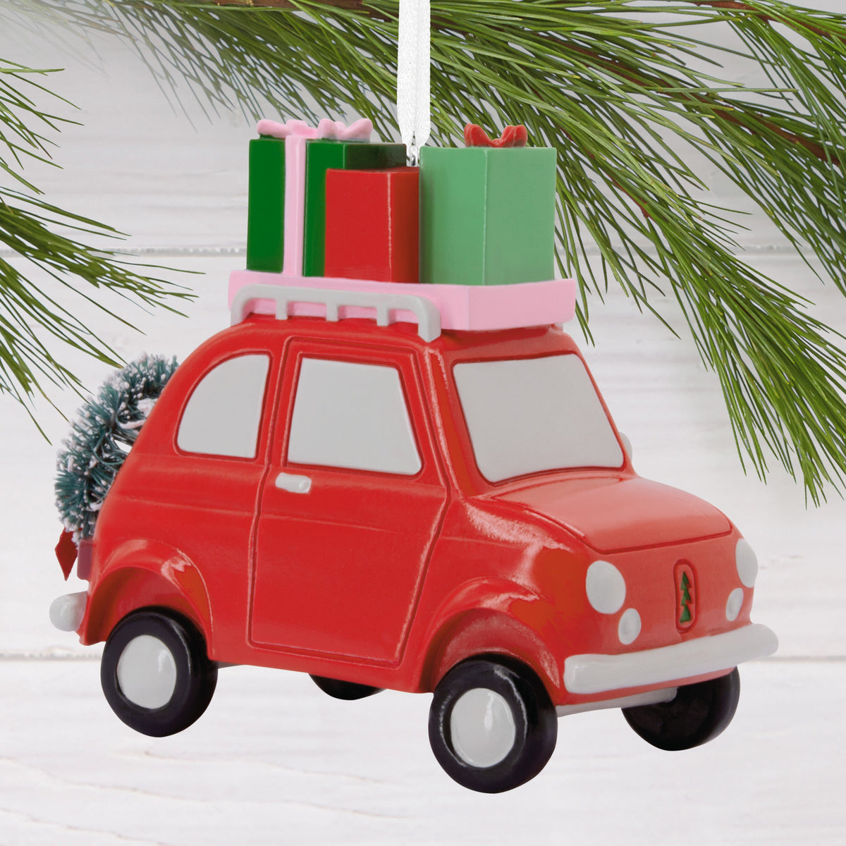 Collectable Christmas Hanging Ornament - Red Car with Gifts & Wreath