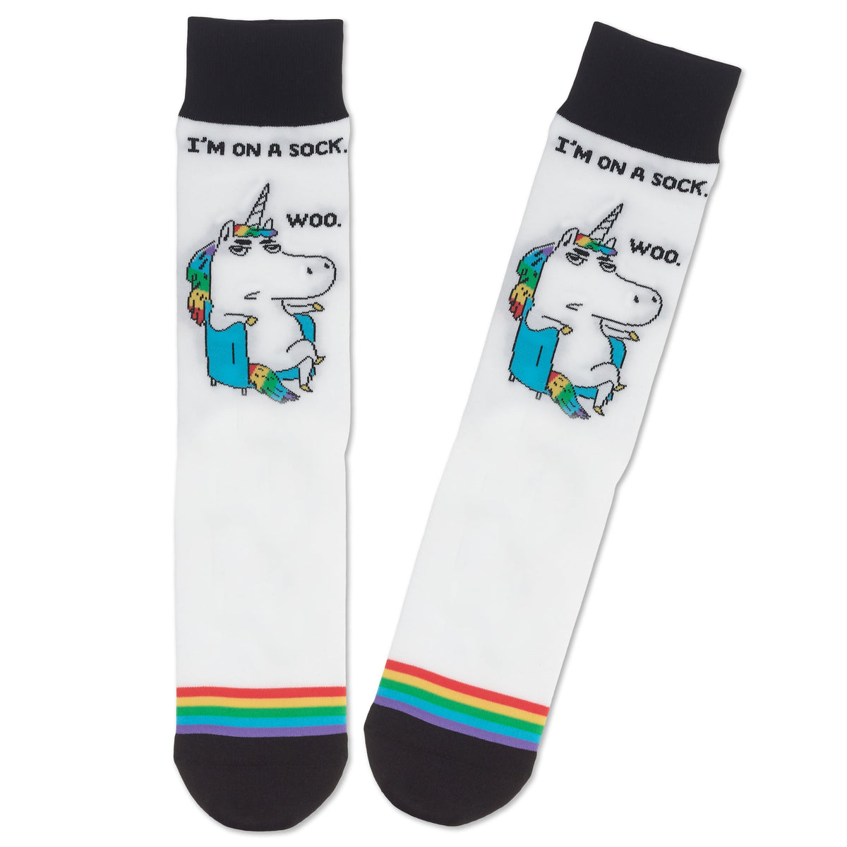 Shoebox Funny Pair of Socks - Rainbow Unicorn 'I'm on a sock. Woo'