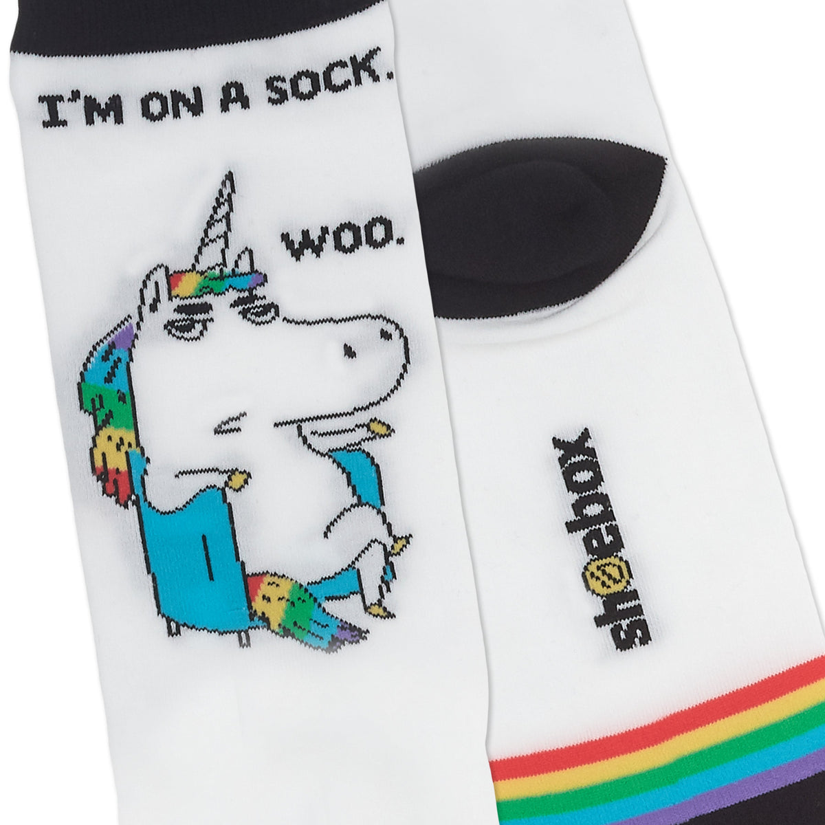 Shoebox Funny Pair of Socks - Rainbow Unicorn 'I'm on a sock. Woo'